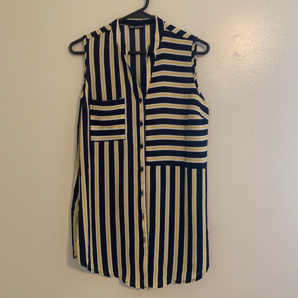 Navy Blue/White/Yellow striped sleeveless blouse